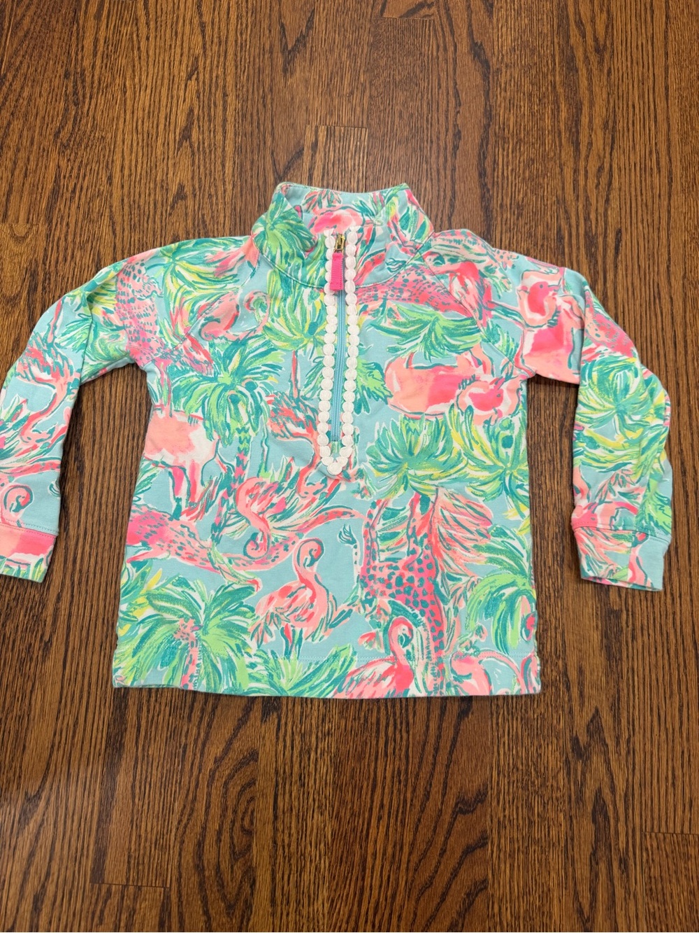 Lilly Pulitzer Girls Flamingo & Palm Print Top - Pink, Aqua & Green